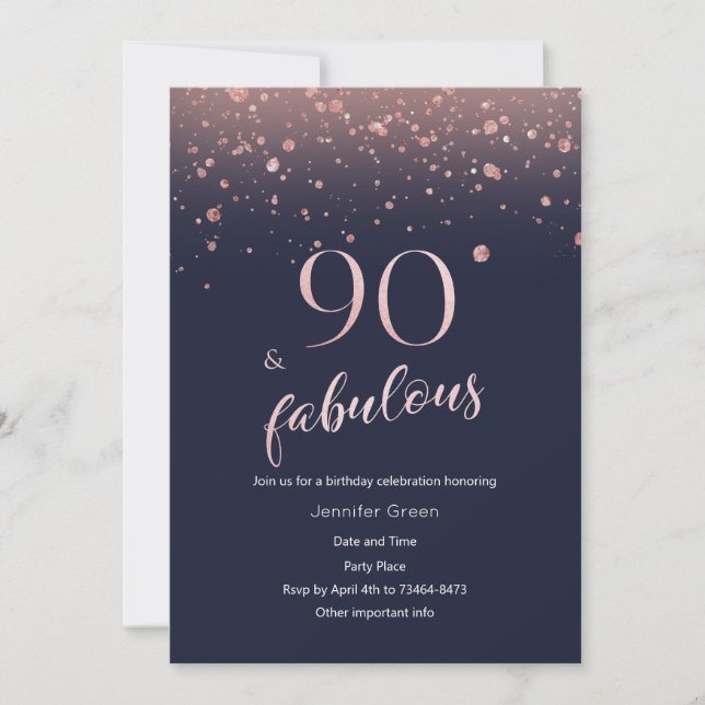 Navy Rose Gold 90th Birthday Invitation (Front)