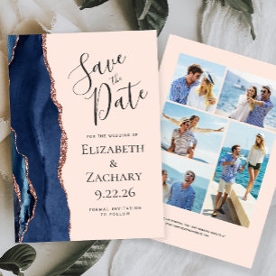Navy Rose Gold Agate Blush 5-Photo Save the Date Invitation
