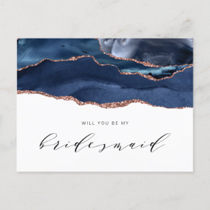 navy rose gold agate will you be my Bridesmaid Invitation Postcard