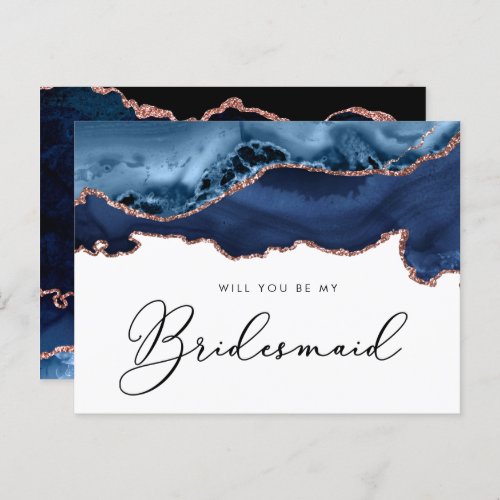 navy rose gold agate will you be my Bridesmaid Invitation Postcard