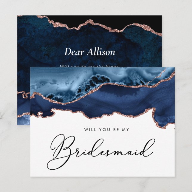 navy rose gold agate will you be my Bridesmaid Invitation Postcard (Front/Back)