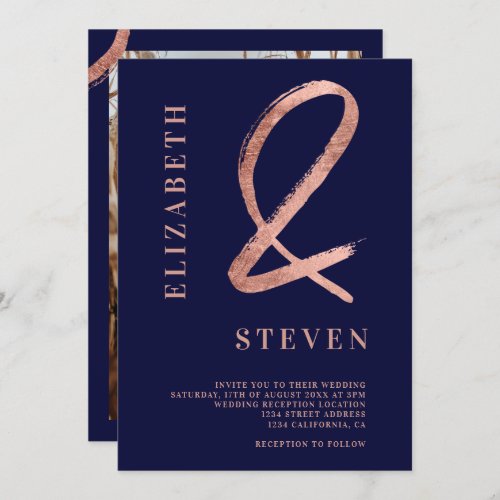 Navy rose gold ampersand names photo wedding invitation