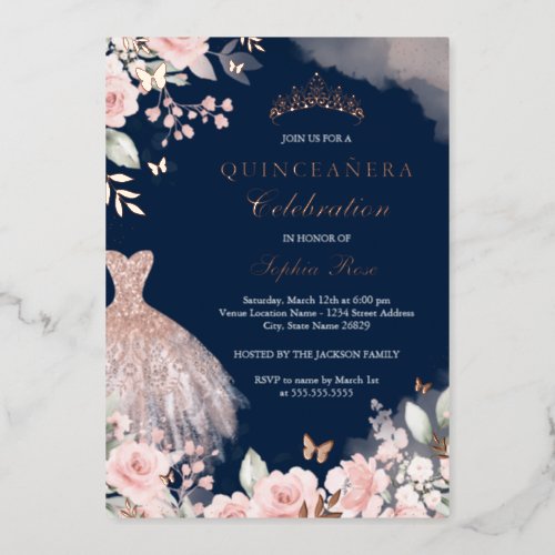 Navy Rose Gold Blush Dress Floral Quinceanera  Foil Invitation