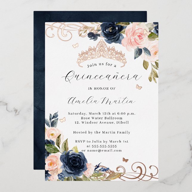 Navy Rose Gold Blush Floral Swirl Quinceanera   Foil Invitation (Front/Back)