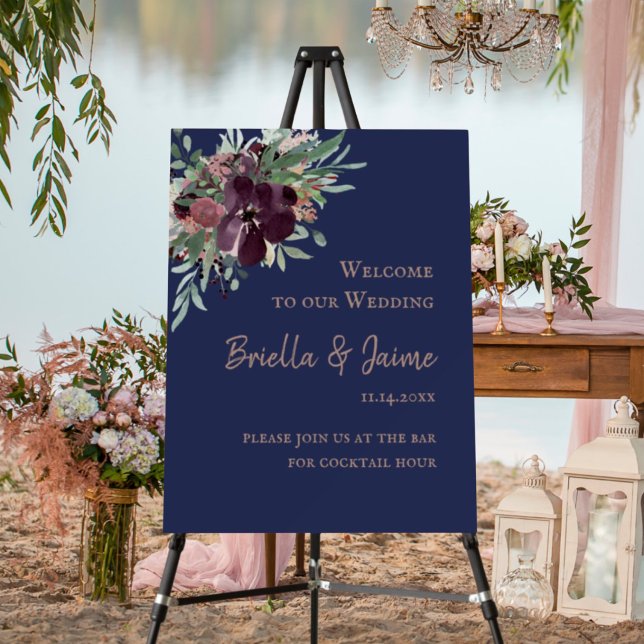 Navy Rose Gold Botanical Floral Wedding Welcome Foam Board (Creator Uploaded)