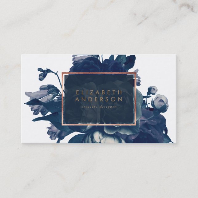 Navy Rose Gold Bouquet Business Card (Front)
