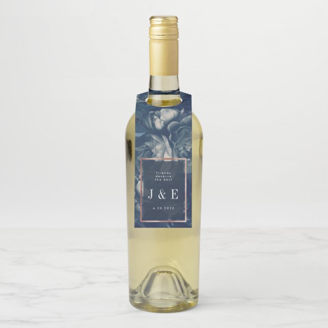 Navy Rose Gold Bouquet Wedding Bottle Hanger Tag (On Bottle)