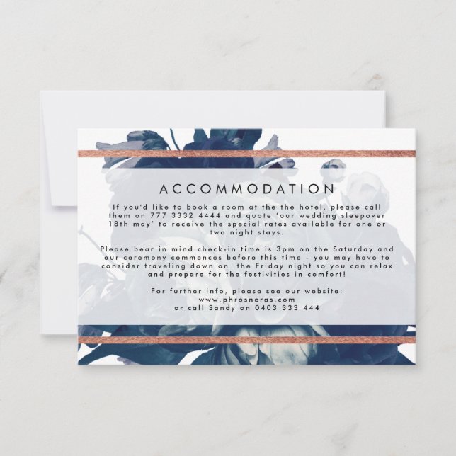 Navy Rose Gold Bouquet Wedding Detail Card (Front)