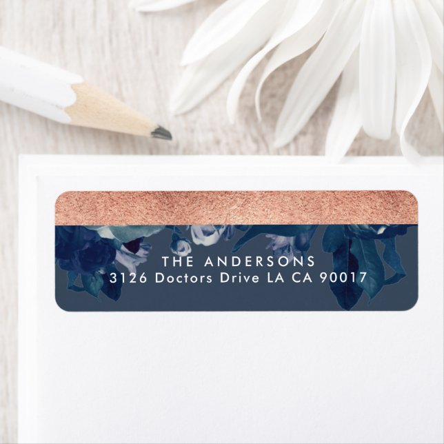 Navy Rose Gold Bouquet Wedding return address Label (Insitu)