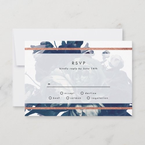 Navy Rose Gold Bouquet Wedding RSVP Card