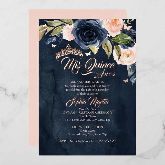 Navy Rose Gold Butterfly Mis Quince Quinceanera Foil Invitation (Front/Back)