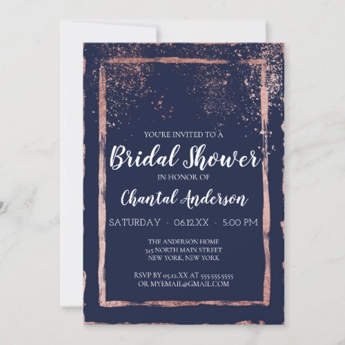 Navy Rose Gold Confetti Brushstroke Bridal Shower Invitation