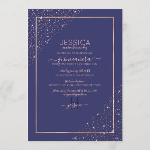 Navy Rose Gold Confetti Corners Quinceañera Invitation