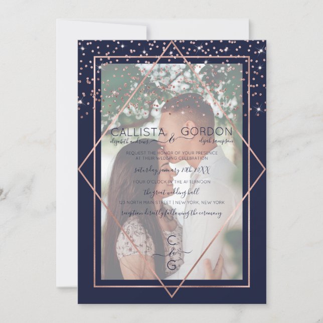 Navy Rose Gold Confetti Geo Border Photo Wedding Invitation (Front)