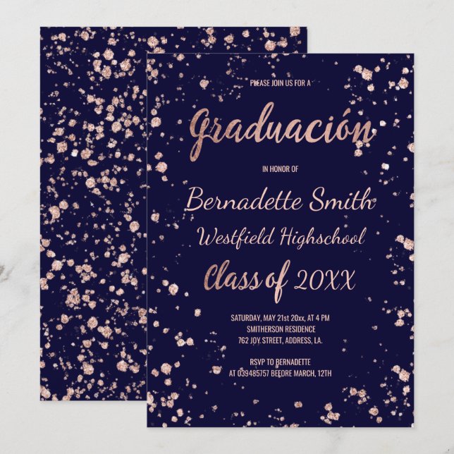 Navy rose gold confetti graduation spanish invitation (Front/Back)