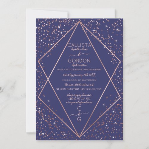 Navy Rose Gold Confetti Terrarium Engagement Invitation