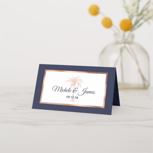 Navy Rose Gold Copper Palm Tree Modern Wedding Place Card (Front)