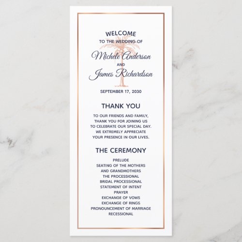 Navy Rose Gold Copper Palm Tree Modern Wedding Program