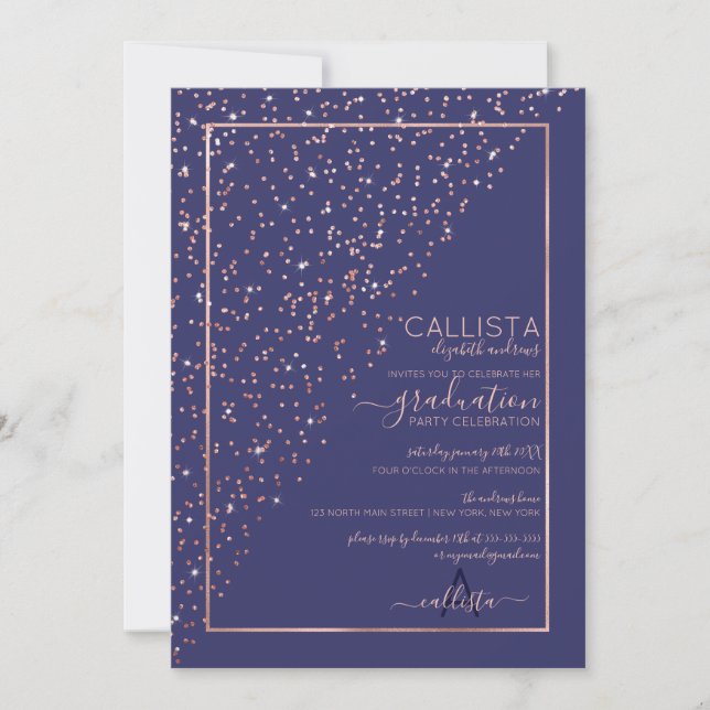 Navy Rose Gold Diagonal Confetti Graduation Invitation (Front)
