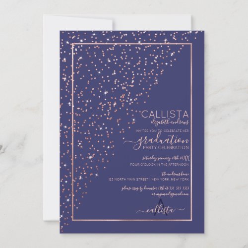 Navy Rose Gold Diagonal Confetti Graduation Invitation