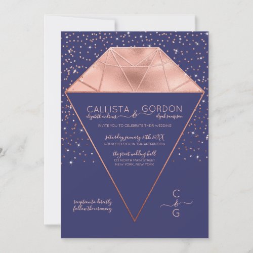 Navy Rose Gold Diamond Confetti Glitter Wedding Invitation