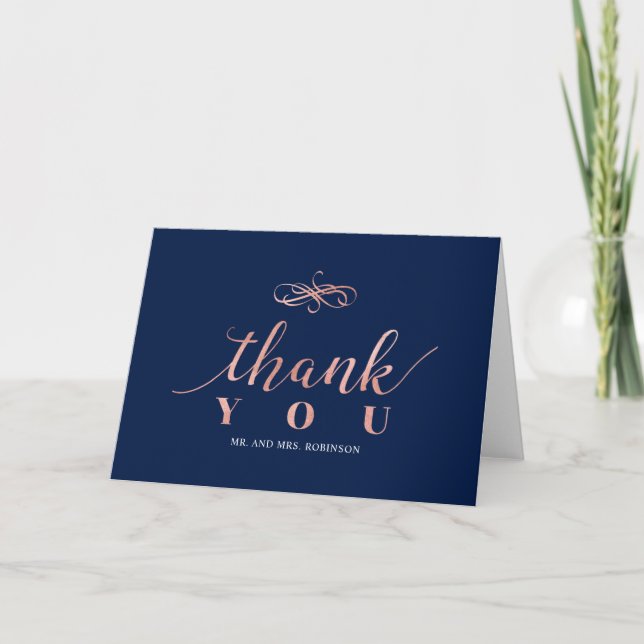 Navy & Rose Gold  Elegant Wedding Thank you Note Card (Front)