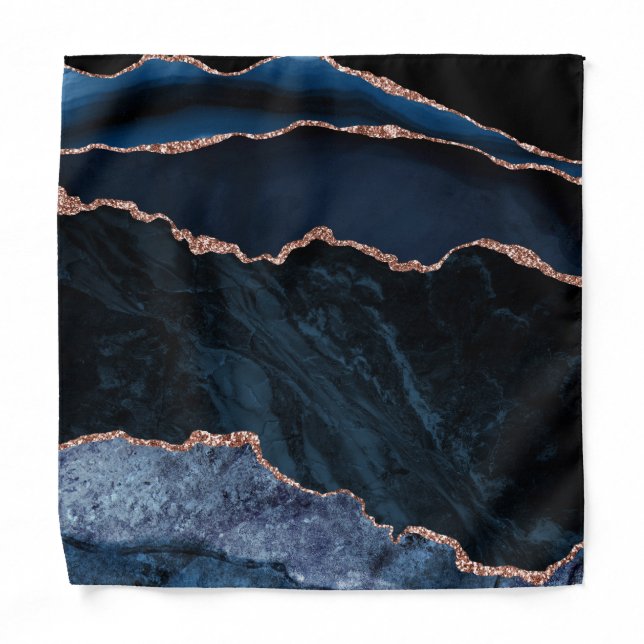 Navy Rose Gold Faux Glitter Agate Pocket Square Bandana (Front)