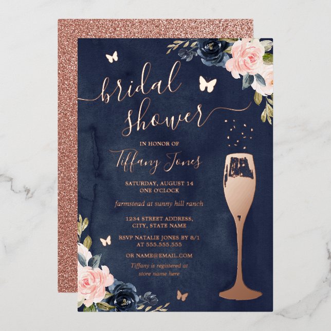 Navy Rose Gold Floral Bubbly Bridal Shower Foil Invitation (Front/Back)