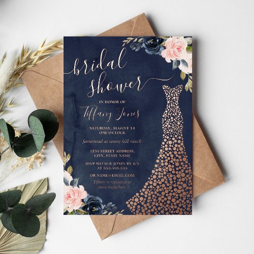 Navy Rose Gold Floral Dress Bridal Shower Foil Invitation