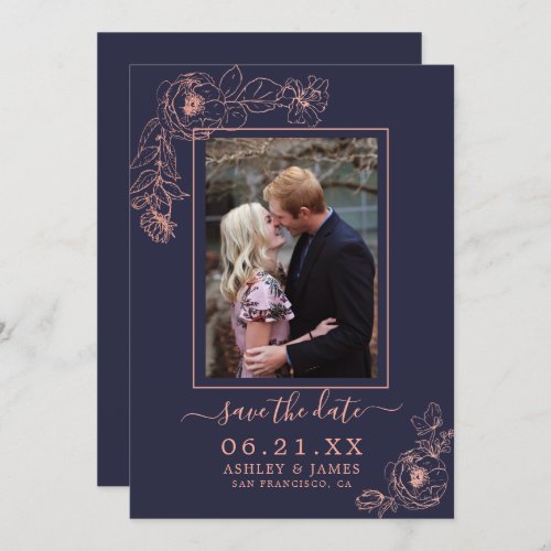 Navy Rose Gold Floral Photo Wedding Save The Date Invitation