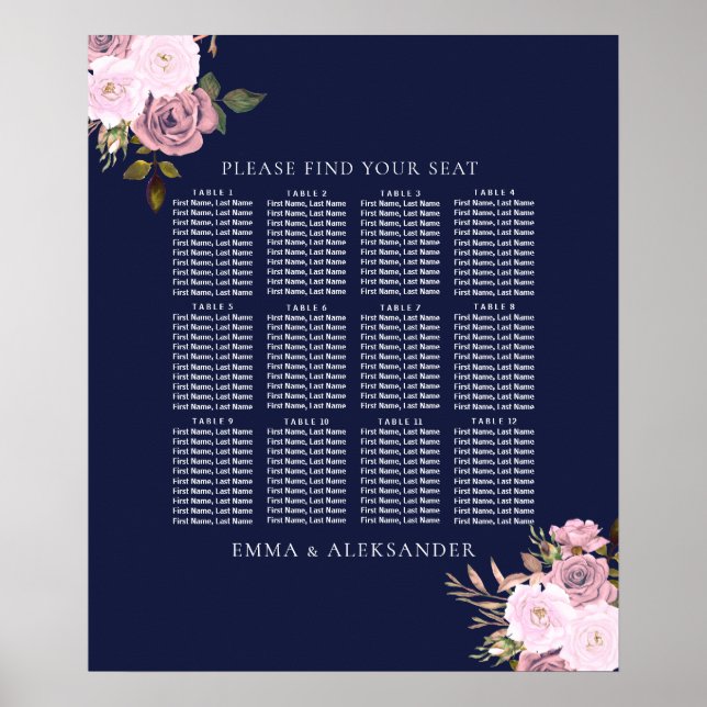 Navy Rose Gold Floral Wedding Table Seating Chart (Front)