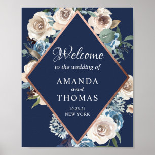 Navy Rose Gold Floral Wedding Welcome Sign