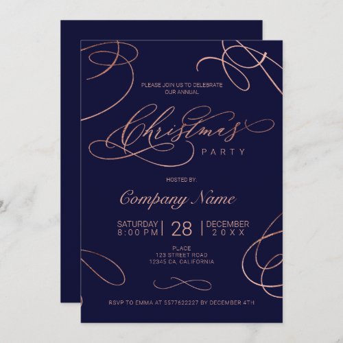 Navy rose gold flourish script Christmas corporate Invitation