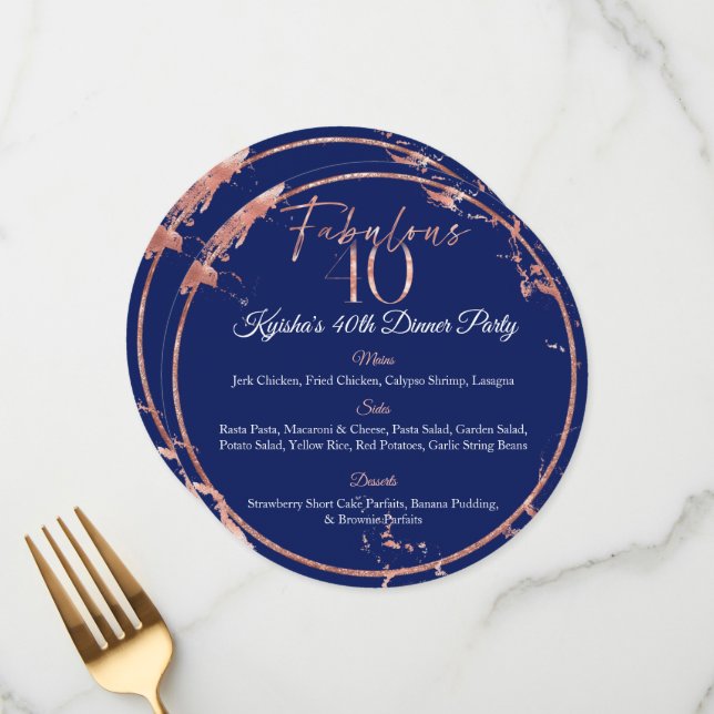 Navy & Rose Gold Foil Fabulous 40 Dinner Party Menu (Front/Back In Situ)