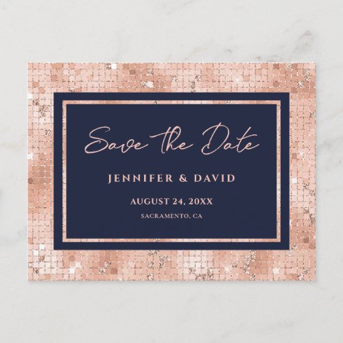 Navy Rose Gold Foil Glitter Wedding Save The Date Announcement Postcard