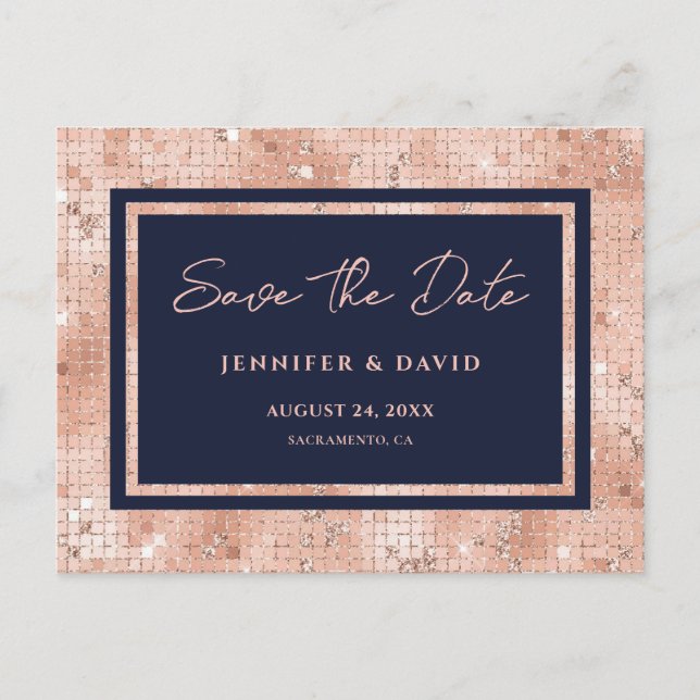 Navy Rose Gold Foil Glitter Wedding Save The Date Announcement Postcard (Front)