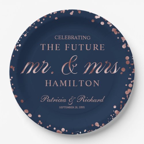 Navy Rose Gold Future Mr and Mrs Engagement Party Paper Plates
