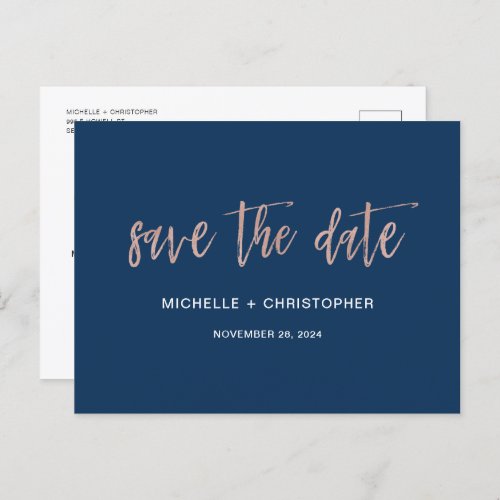Navy  Rose Gold Glam Chic Save The Date Postcard