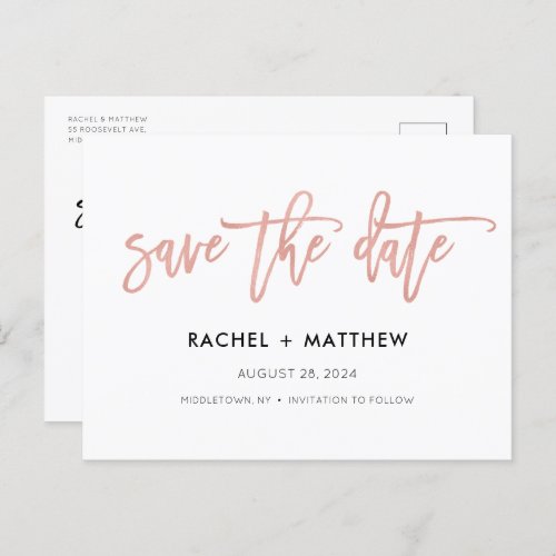Navy  Rose Gold Glam Chic Save The Date Postcard
