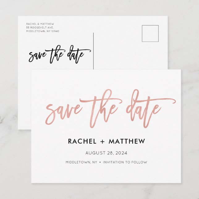 Navy & Rose Gold Glam Chic Save The Date Postcard (Front/Back)