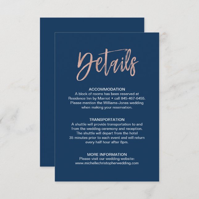 Navy & Rose Gold Glam Chic Wedding Details Insert (Front/Back)