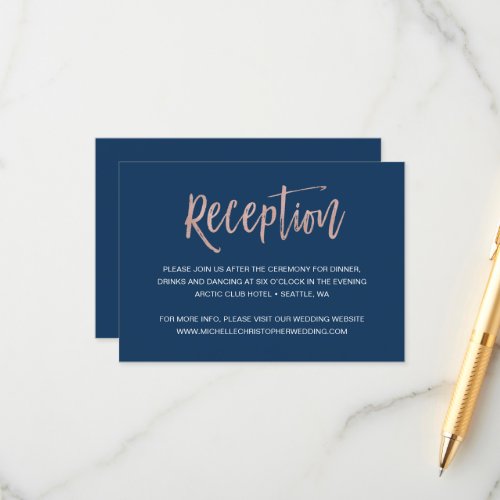 Navy  Rose Gold Glam Chic Wedding Reception Card