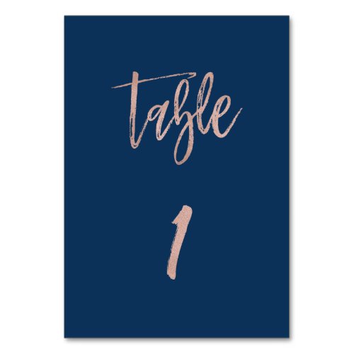 Navy  Rose Gold Glam Chic Wedding Table Number 1