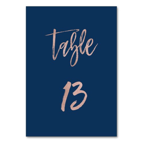 Navy  Rose Gold Glam Chic Wedding Table Number 13
