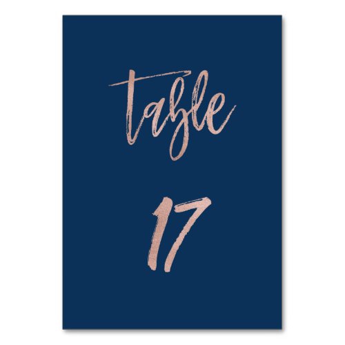 Navy  Rose Gold Glam Chic Wedding Table Number 17