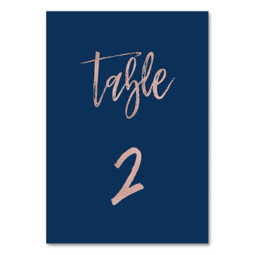 Navy  Rose Gold Glam Chic Wedding Table Number 2