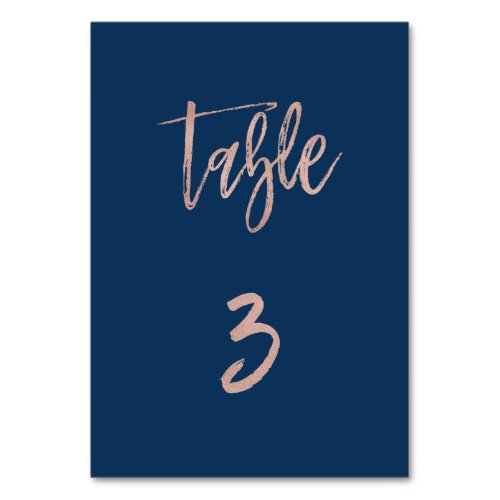 Navy  Rose Gold Glam Chic Wedding Table Number 3