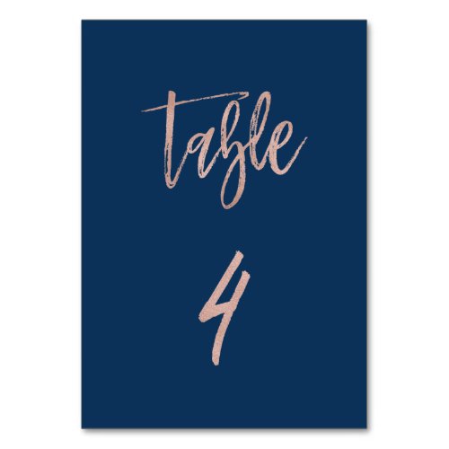 Navy  Rose Gold Glam Chic Wedding Table Number 4