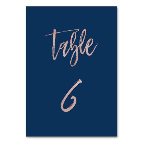 Navy  Rose Gold Glam Chic Wedding Table Number 6