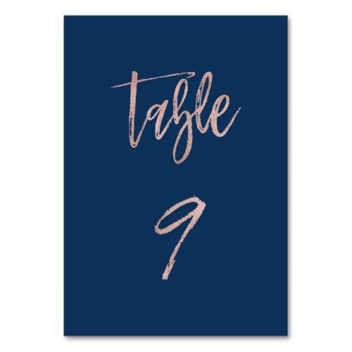 Navy  Rose Gold Glam Chic Wedding Table Number 9